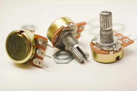 A potentiometer with fasteners. Variable resistor. A resistor with a rotator. Stock Photos