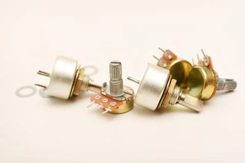 Potentiometers. Variable resistors. Devices for voltage changes. Stock-Fotos