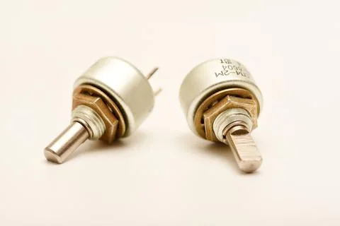 Potentiometers. Variable resistors. Devices for voltage changes. Stock-Fotos
