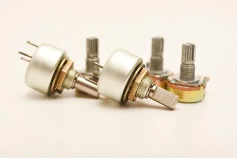 Potentiometers. Variable resistors. Devices for voltage changes. Stock-Fotos