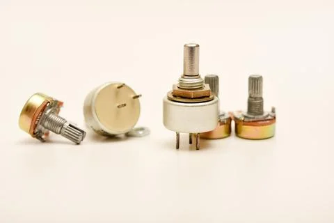 Potentiometers. Variable resistors. Devices for voltage changes. Foto stock