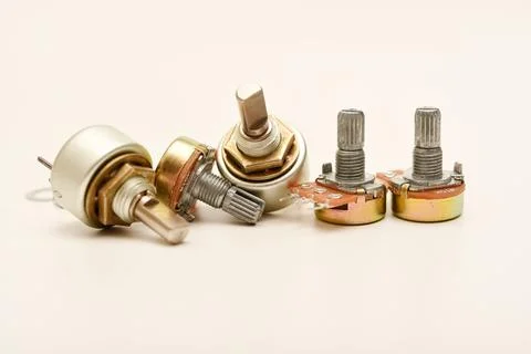 Potentiometers. Variable resistors. Devices for voltage changes. 스톡 사진