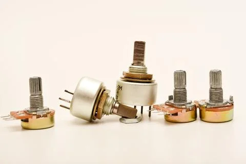 Potentiometers. Variable resistors. Devices for voltage changes. 스톡 사진
