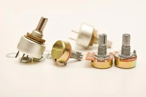 Potentiometers. Variable resistors. Devices for voltage changes. Stock-Fotos