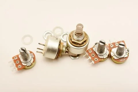 Potentiometers. Variable resistors. Devices for voltage changes. Foto stock