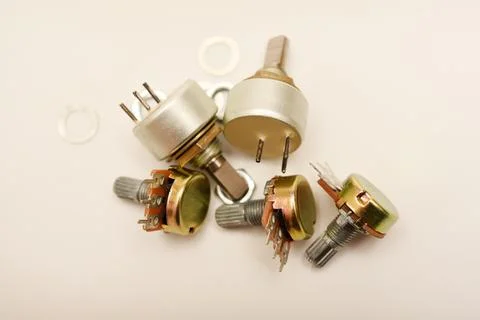 Potentiometers. Variable resistors. Devices for voltage changes. 스톡 사진