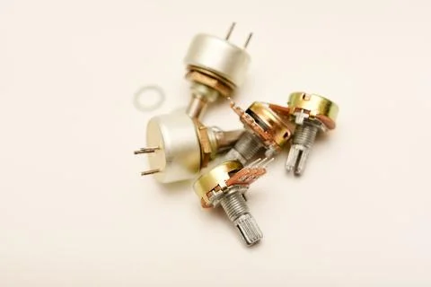 Potentiometers. Variable resistors. Devices for voltage changes. Stock-Fotos