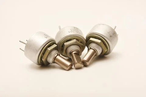 Potentiometers. Variable resistors. Devices for voltage changes. Fotos de archivo