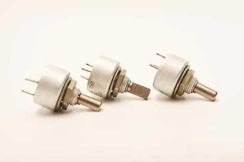 Potentiometers. Variable resistors. Devices for voltage changes. Stock-Fotos