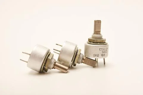 Potentiometers. Variable resistors. Devices for voltage changes. Stock-Fotos