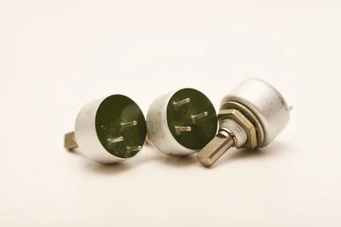 Potentiometers. Variable resistors. Devices for voltage changes. Stock Photos