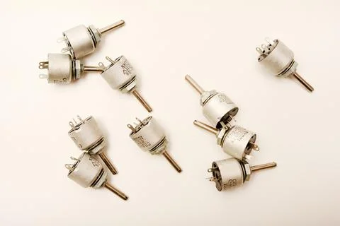 Potentiometers. Variable resistors. Devices for voltage changes. Fotos de archivo