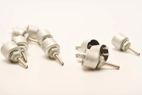 Potentiometers. Variable resistors. Devices for voltage changes. Stock-Fotos