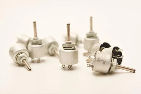 Potentiometers. Variable resistors. Devices for voltage changes. Stock-Fotos