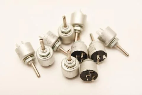 Potentiometers. Variable resistors. Devices for voltage changes. Stock-Fotos