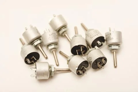 Potentiometers. Variable resistors. Devices for voltage changes. Fotos de archivo