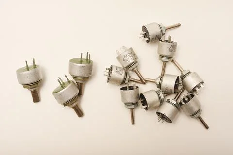 Potentiometers. Variable resistors. Devices for voltage changes. Fotos de archivo