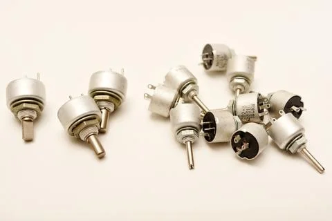 Potentiometers. Variable resistors. Devices for voltage changes. 스톡 사진