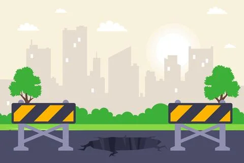 A pothole in the road is marked with signs. Stock Illustration