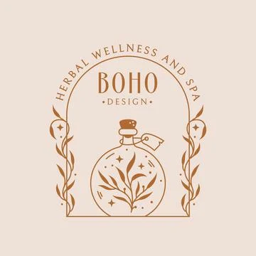Potion boho logo. Trendy vector emblem with bottle and plants. Stock Illustration