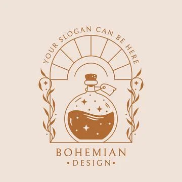 Potion boho logo. Trendy vector emblem with bottle and plants. Stock Illustration