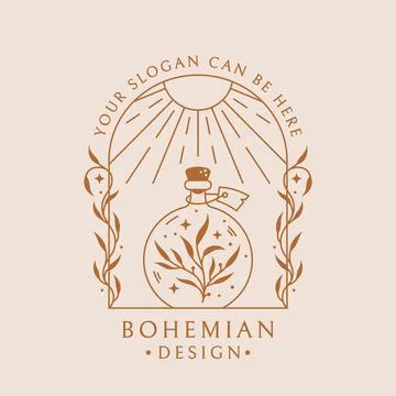 Potion boho logo. Trendy vector emblem with bottle and sun. Stock Illustration