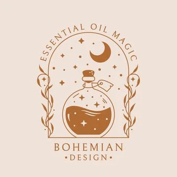 Potion boho logo. Vector emblem with magic elixir bottle. Stock Illustration