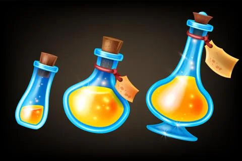 Potion bottle game UI set, magic RPG level up wizard vial icon kit Illustrazione stock