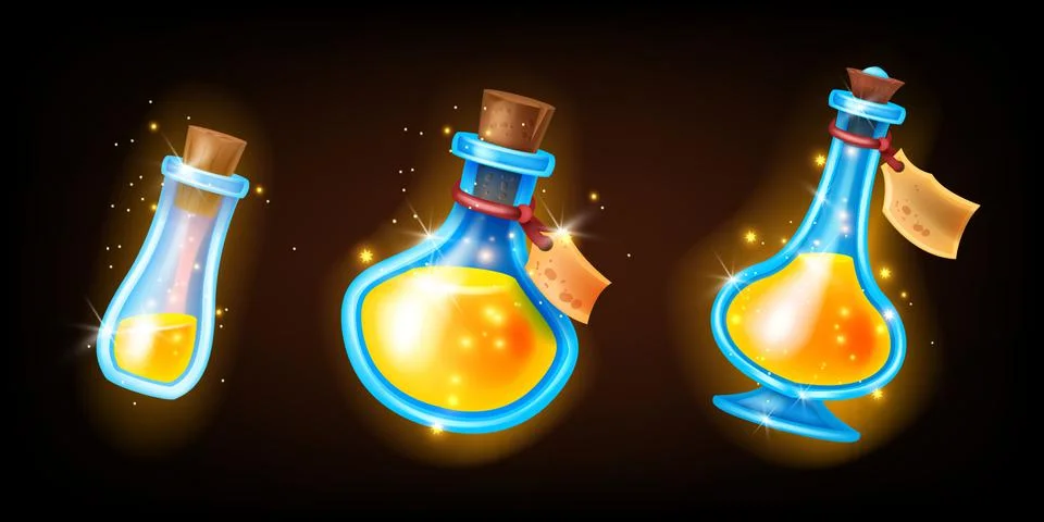 Potion bottle game UI set, shiny vector glass flask, cork, magic RPG level up Stock Illustration