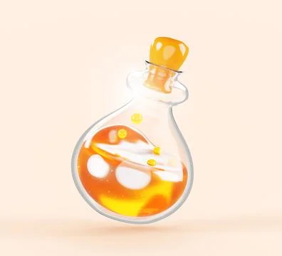 Potion bottle with magic elixir 3d render icon. Isolated glass flask with yellow Illustrazione stock