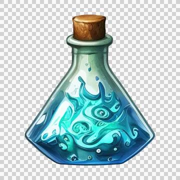 Potion bottle with magic elixir, cartoon glass flask with colorful glowing .. Stock Illustration