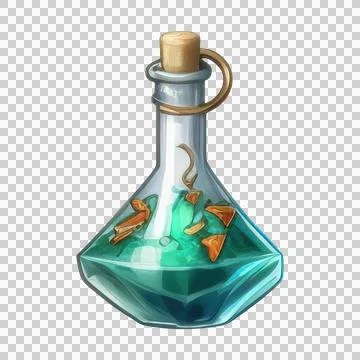 Potion bottle with magic elixir, cartoon glass flask with colorful glowing .. Stock Illustration