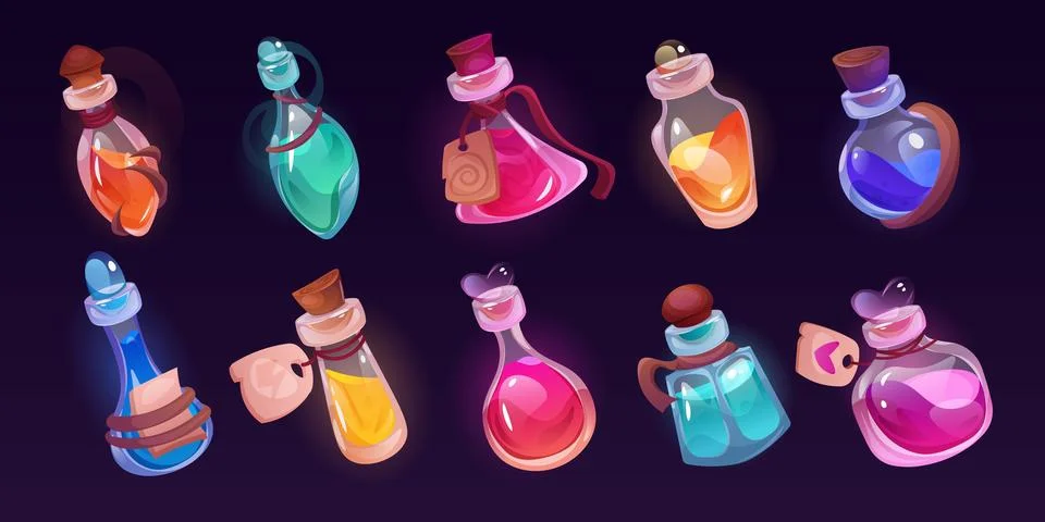 Potion bottle. Magic elixir, poison in vial or medicine jar, witch pot. Spell Stock Illustration