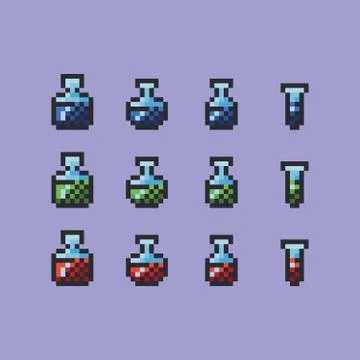 Potion bottle pixel art vector illustration. Health, mana and stamina glass Stock Illustration
