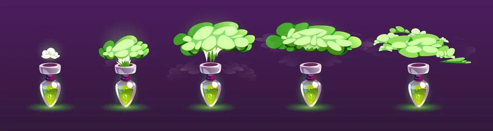 Potion bottle with puff cloud animation set Stock Illustration