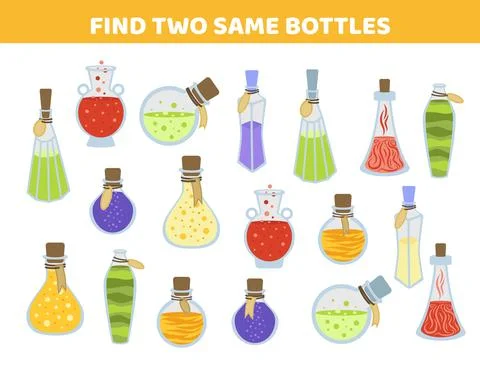 Potion bottles. Find two same pictures. Game for children. Flat, cartoon, vector Illustrazione stock