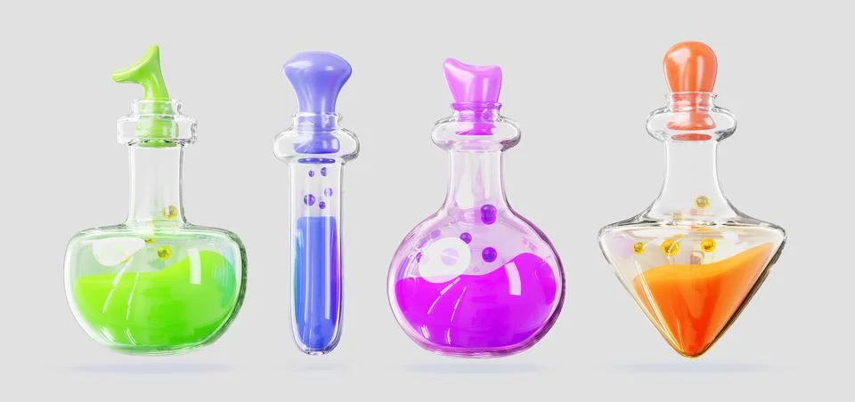 Potion bottles with magic elixir 3d render icons set. Glass clear lab flasks 스톡 일러스트