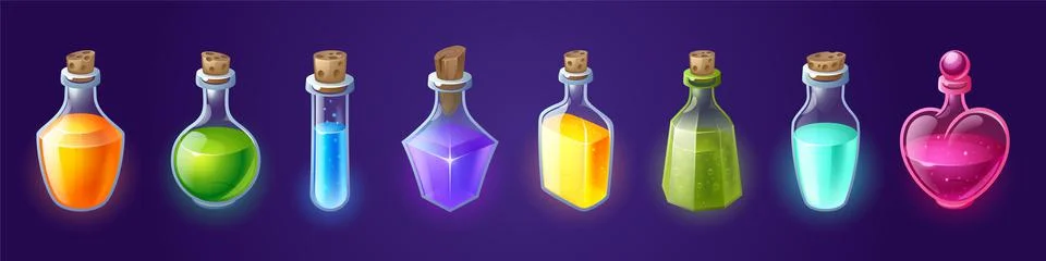 Potion bottles with magic elixir, cartoon flasks Stock Illustration