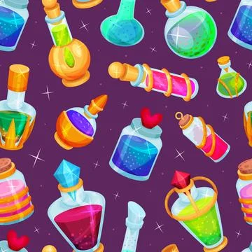 Potion Bottles Seamless Pattern Design with Magic Liquid in Glass Jar on Purple Illustrazione stock
