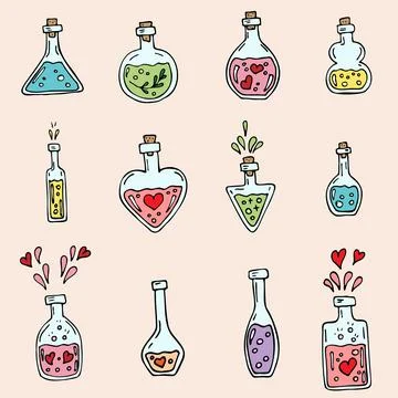 Potion bottles set. Alchemy set. Vector icons of glass flasks with magic elixir Stock Illustration