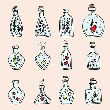 Potion bottles set. Alchemy set. Vector icons of glass flasks with magic elixir Stock Illustration