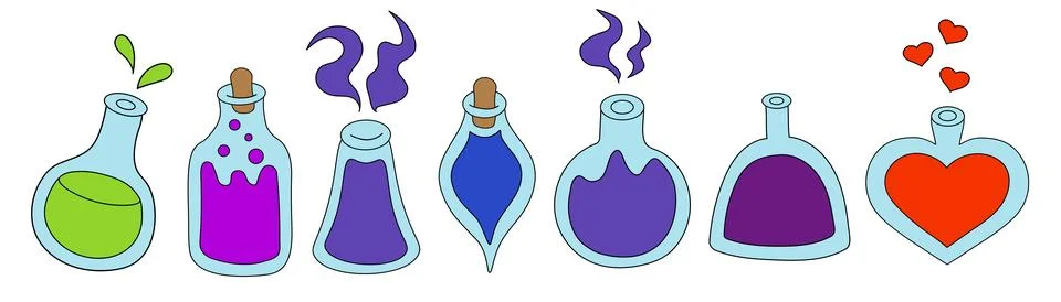 Potion bottles set isolated on white background. Different shape glass jars Stock Illustration