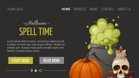 Potion in cauldron, skull, candle, witchcraft book, pumpkin. Halloween template. Stock Illustration