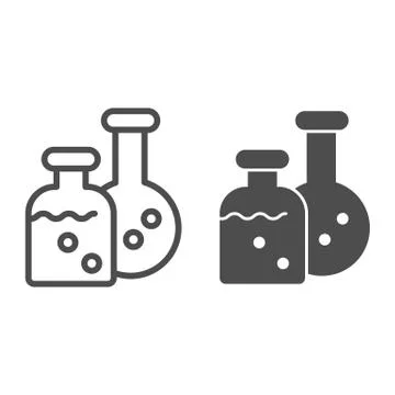 Potion flasks line and solid icon. Two bottles, chemistry laboratory. Halloween 스톡 일러스트