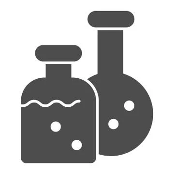 Potion flasks solid icon. Two bottles, chemistry laboratory. Halloween party Stock Illustration