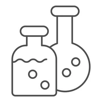 Potion flasks thin line icon. Two bottles, chemistry laboratory. Halloween party Stock Illustration