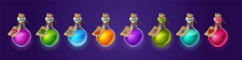 Potion glass bottles with magic elixir and tags Stock Illustration