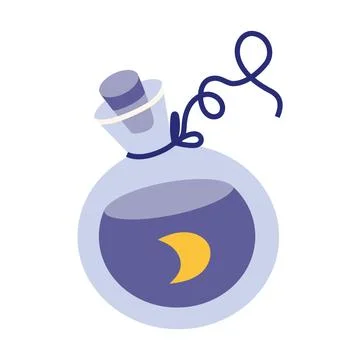 Potion magic elixir bottle with moon, cartoon style. Glass bottle with slee.. Stock Illustration