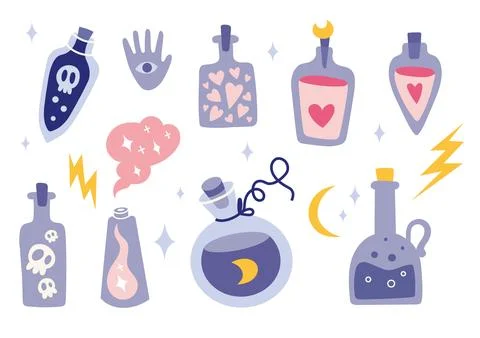 Potion magic elixir bottles set, cartoon style. Glass bottles with liquid. .. Stock Illustration