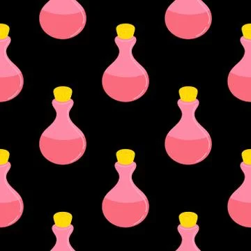 Potion pattern glass flasks on black background Stock Illustration